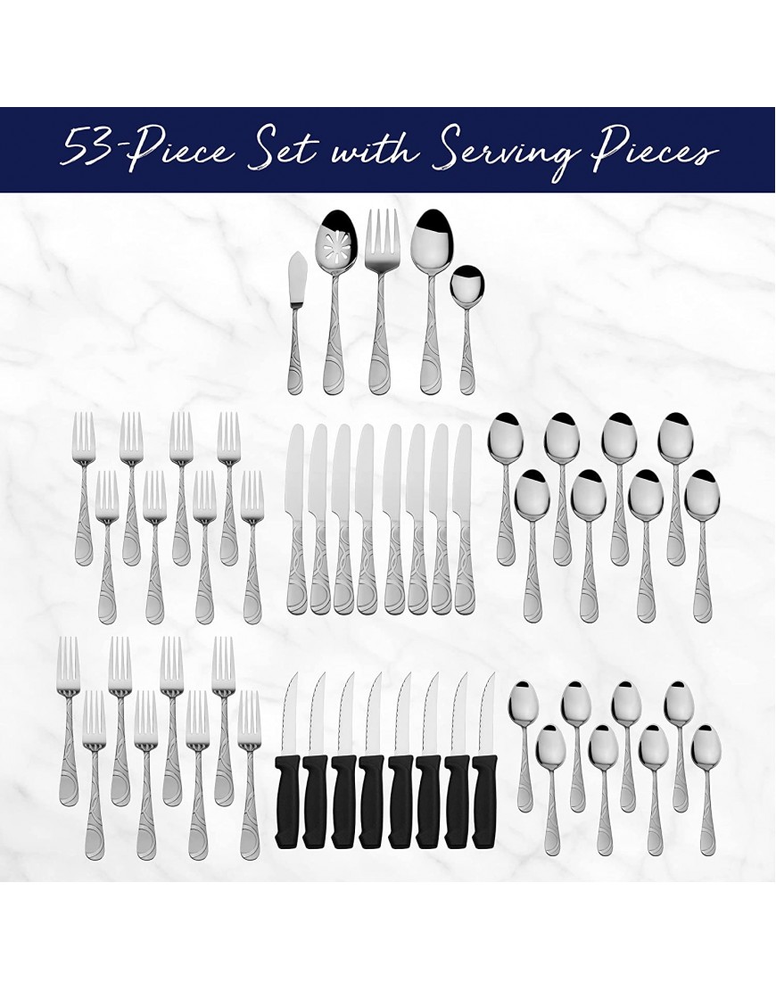 Pfaltzgraff Garland Frost 53-Piece Stainless Steel Flatware Serving Utensil Set and Steak Knives Service for 8