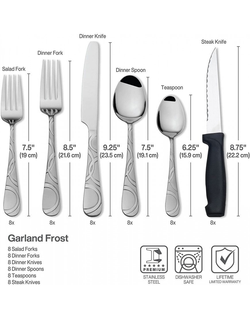 Pfaltzgraff Garland Frost 53-Piece Stainless Steel Flatware Serving Utensil Set and Steak Knives Service for 8