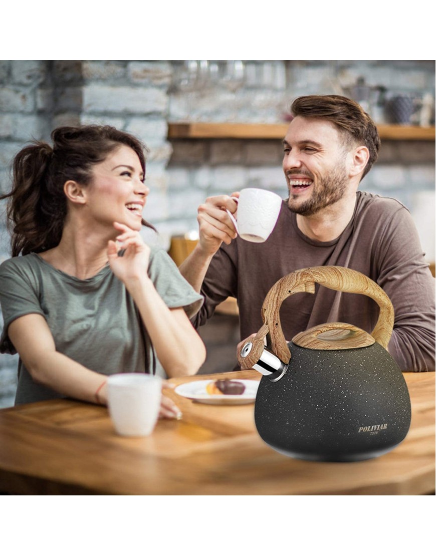 Poliviar Tea Kettle 2.7 Quart Natural Stone Finish with Wood Pattern Handle Loud Whistle Food Grade Stainless Steel Teapot Anti-Hot Handle and Anti-Rust Suitable for All Heat Sources JX2018-GR20