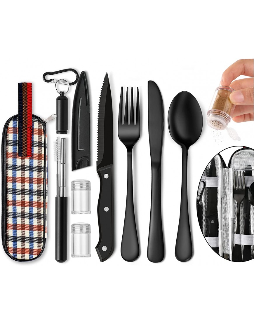 Portable Travel Utensils Set Travel Camping Cutlery Set Reusable Stainless Steel Flatware Set with Case for Office School Picnic Black