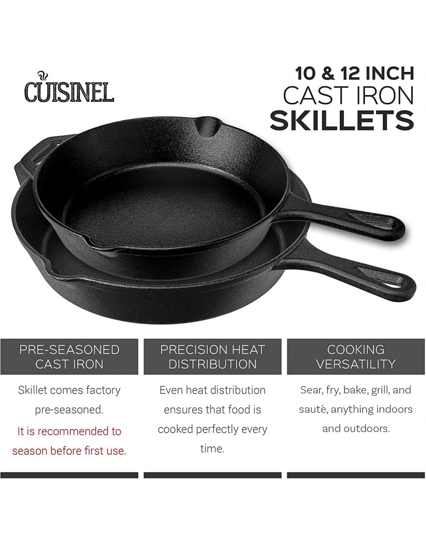 Pre-Seasoned Cast Iron Skillet 2-Piece Set 10-Inch and 12-Inch Oven Safe Cookware 2 Heat-Resistant Holders Indoor and Outdoor Use Grill Stovetop Induction Safe
