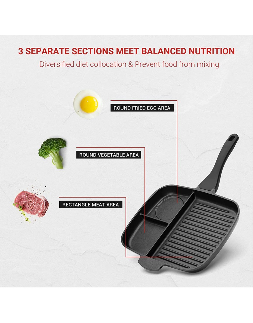 Sakuchi 11 Inch Divided Breakfast Pan 3 Section Compartment Grill Frying Pan Nonstick Induction All-In-One Meal Skillet Pan