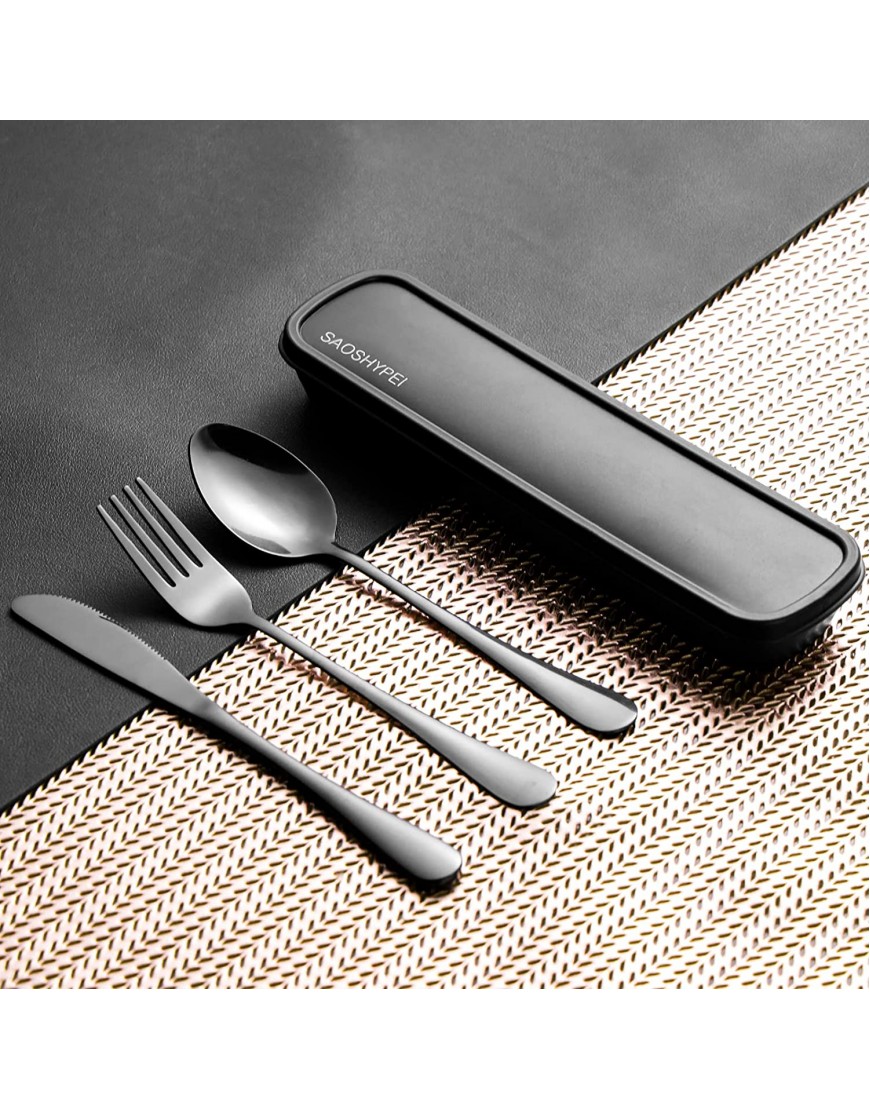 SAOSHYPEI Portable Utensils Set with Case 4pcs Stainless Steel Reusable Silverware for Lunch Camping School Picnic Workplace Travel Box Includ Fork Spoon Knife,Easy to clean,Dishwasher SafeBlack