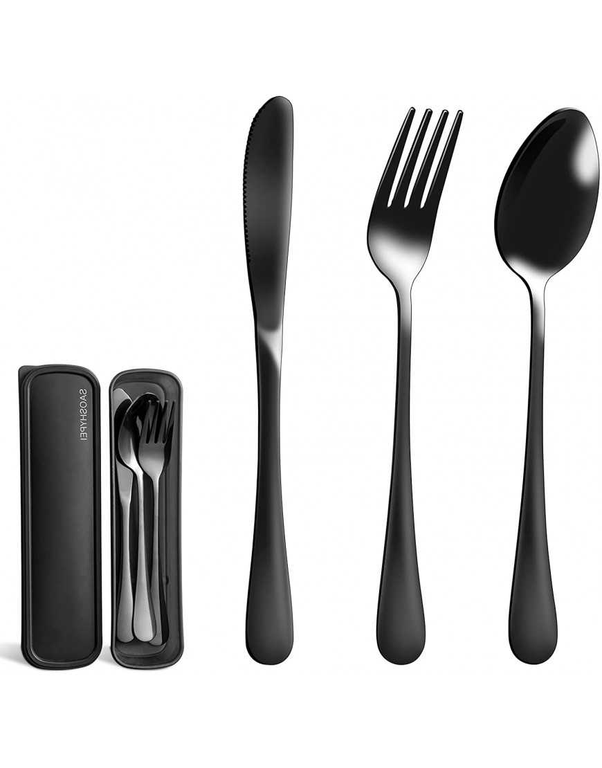 SAOSHYPEI Portable Utensils Set with Case 4pcs Stainless Steel Reusable Silverware for Lunch Camping School Picnic Workplace Travel Box Includ Fork Spoon Knife,Easy to clean,Dishwasher SafeBlack
