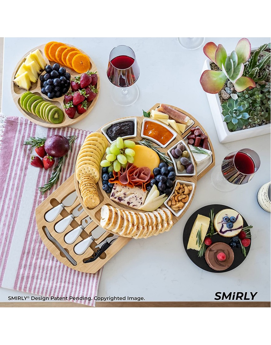 SMIRLY Cheese Board and Knife Set Large Round Charcuterie Board Set Bamboo Cheese Board Set Cheese Platter Board Cheese Tray Set Wooden Cheese Board Cheese Cutting Board Set Cheese Plate Set