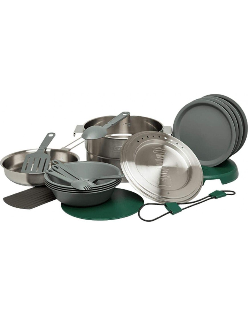 Stanley Base Camp Cook Set for 4 | 21 Pcs Nesting Cookware Made from Stainless Steel & BPA Free Material | Incl Pot lid Cutting Board Spatula Plates Spoons Forks Bowls Dish Rack Trivet