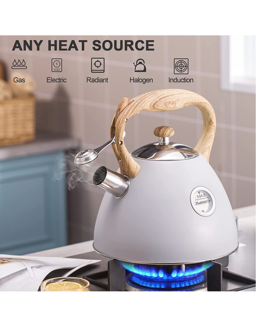 Stove Top Whistling Tea Kettle 2.7QT 2.6L Teakettle with Visible Window Wood Pattern Handle Teapot Food Grade Stainless Steel Hot Water KettleGray