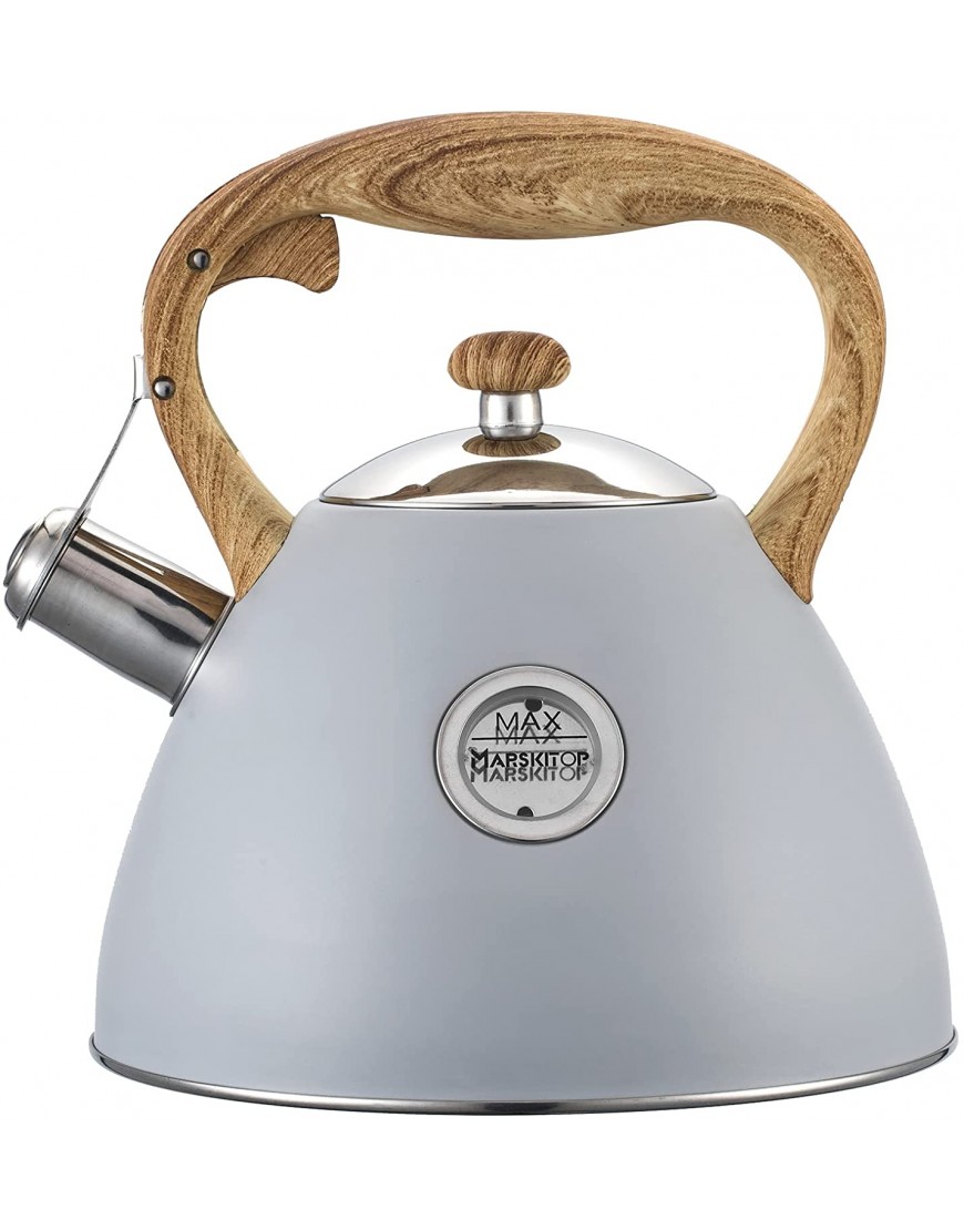Stove Top Whistling Tea Kettle 2.7QT 2.6L Teakettle with Visible Window Wood Pattern Handle Teapot Food Grade Stainless Steel Hot Water KettleGray
