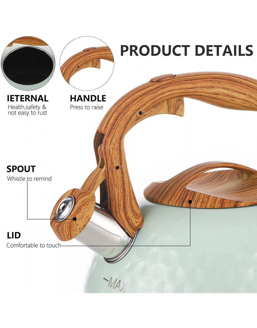 Stovetop Loud Whistling Tea Kettle 2.6 Quart Stainless Steel Teapot with Anti-heat Wood Handle and One-Touch Switch Button for Hot Water Coffee Milk Gas Electric Induction Green