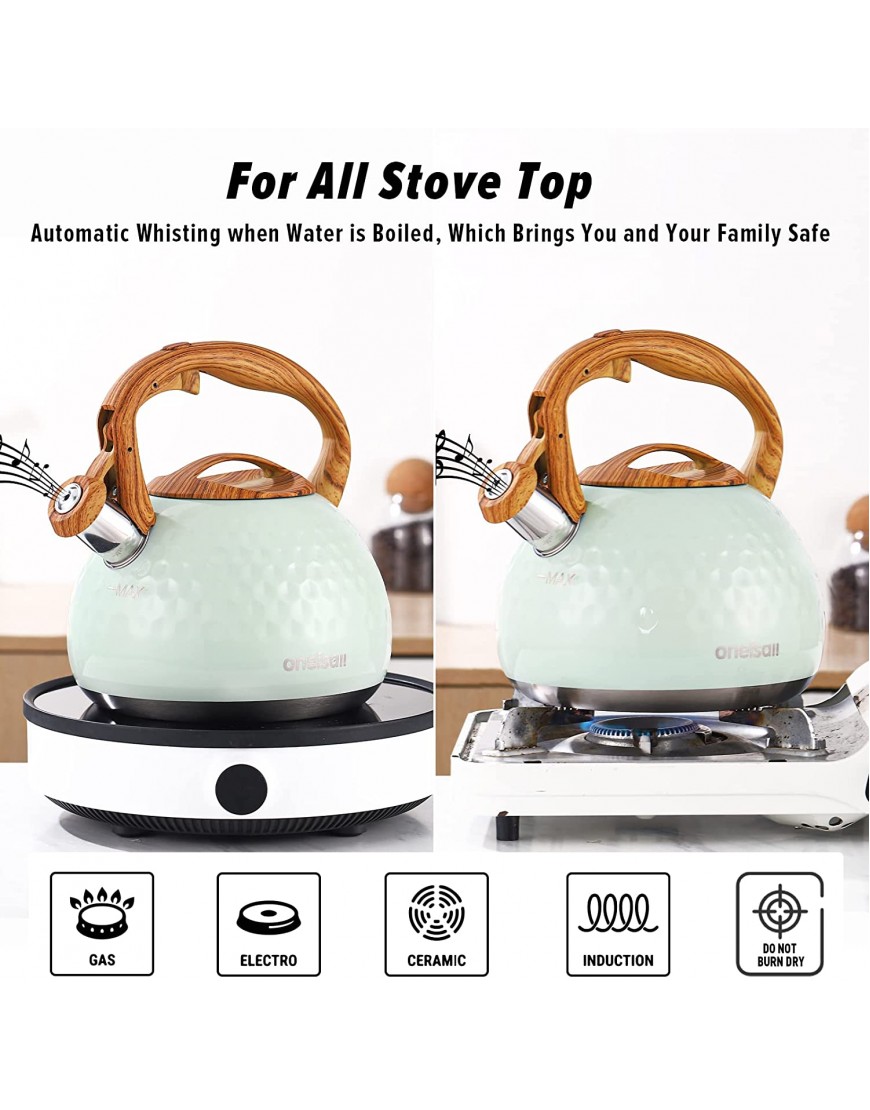 Stovetop Loud Whistling Tea Kettle 2.6 Quart Stainless Steel Teapot with Anti-heat Wood Handle and One-Touch Switch Button for Hot Water Coffee Milk Gas Electric Induction Green