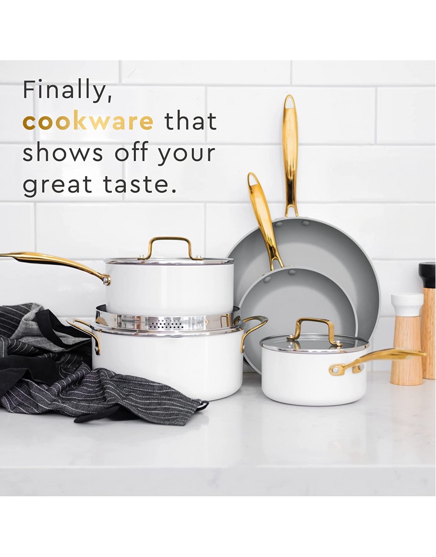 Styled Settings White Pots and Pans Set Nonstick-15 Piece Luxe White Cookware Set PFOA Free Non Toxic,Oven Safe,Induction Safe Cooking Pot with Strainer Lid,Gold Cooking Utensils,Gold Pots & Pans