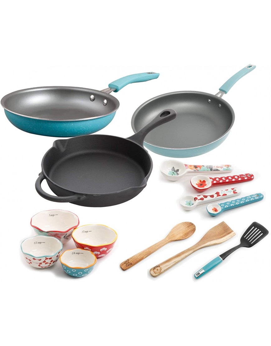 The Pioneer Woman Vintage Speckle 24-Piece Cookware Combo Set in Turquoise bundle with Copper Charm Stainless Steel Copper Bottom Cookware Set 10 Piece
