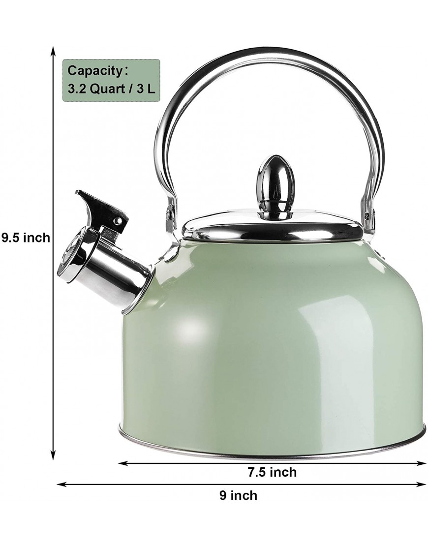 TOPZEA Tea Kettle with Handle 3.2 Quart Stainless Steel Whistling Teapot Stove Top Tea Kettle for Heating Water Fast Boiling Water Teakettle Green 3L