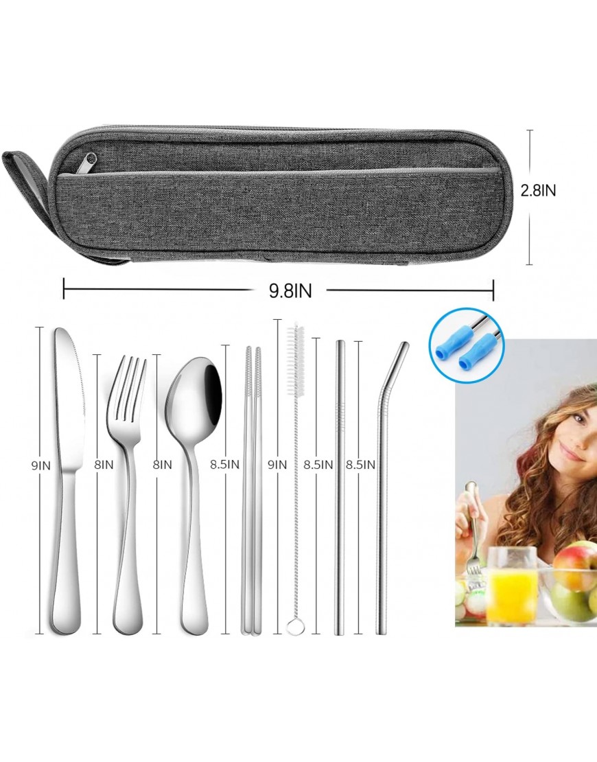 Travel Reusable Utensils Silverware with Case,Travel Camping Cutlery set,Chopsticks and Straw Portable Flatware with Case Stainless steel Travel Utensil set 8 Piece AFSilver