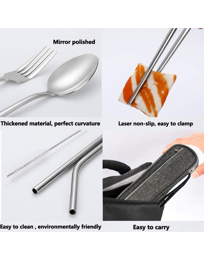 Travel Reusable Utensils Silverware with Case,Travel Camping Cutlery set,Chopsticks and Straw Portable Flatware with Case Stainless steel Travel Utensil set 8 Piece AFSilver