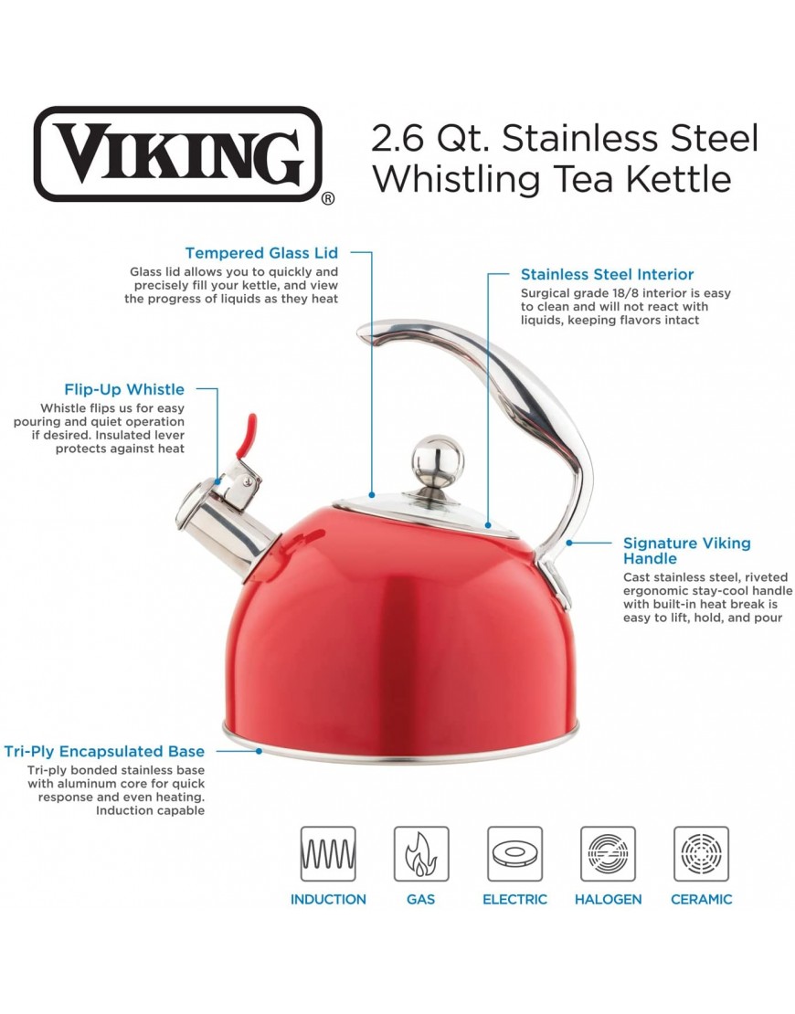 Viking 2.6 Quart Stainless Steel Whistling Tea Kettle Red