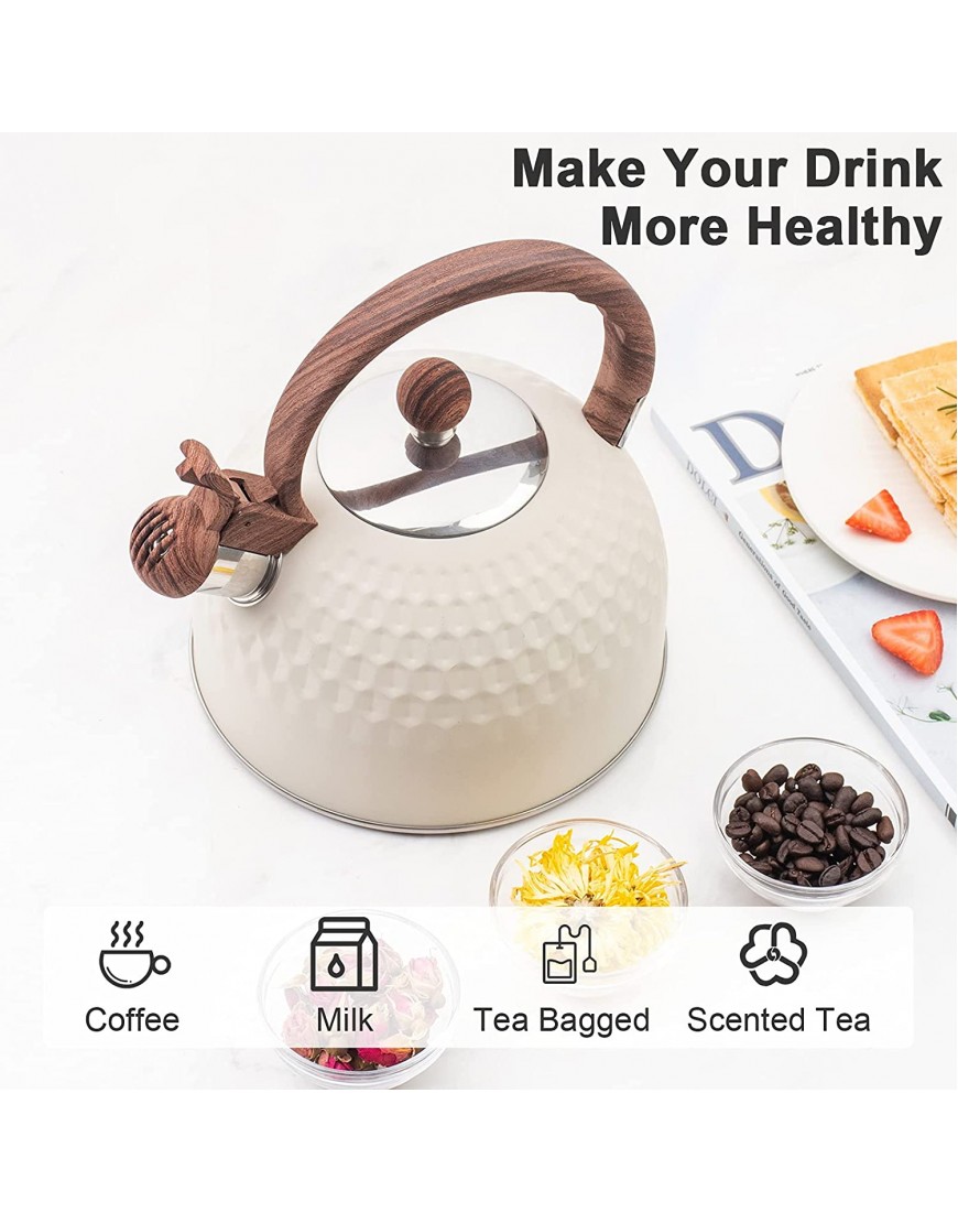 Whistling Stainless Steel Tea Kettle with Wood Grain Anti Heat Handle Cylindrical Wood Grain Stainless Steel Cover 2.6 Quart 2.5 Liter White