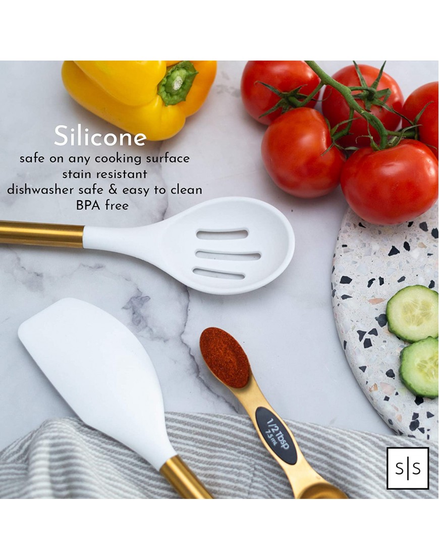 White Silicone and Gold Cooking Utensils for Modern Cooking and Serving Stainless Steel Gold Serving Utensils Spatulas for Non Stick Cookware