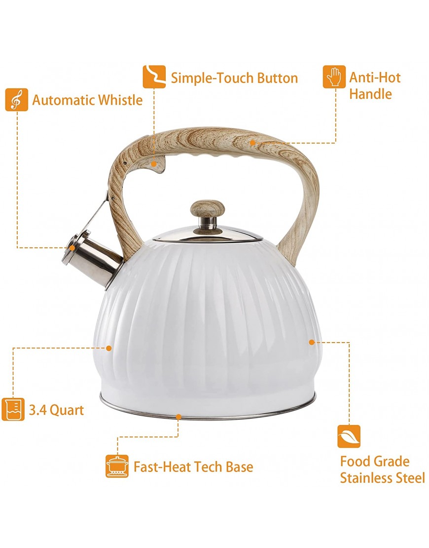 WUWEOT 3.4 Quart Tea Kettle For Stove Top Whistling Teapot with Wood Handle Stainless Steel White Pumpkin Shape Kettle-Surgical Anti-hot Handle Anti-rust Suitable for All Heat Sources