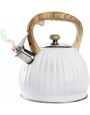 WUWEOT 3.4 Quart Tea Kettle For Stove Top Whistling Teapot with Wood Handle Stainless Steel White Pumpkin Shape Kettle-Surgical Anti-hot Handle Anti-rust Suitable for All Heat Sources