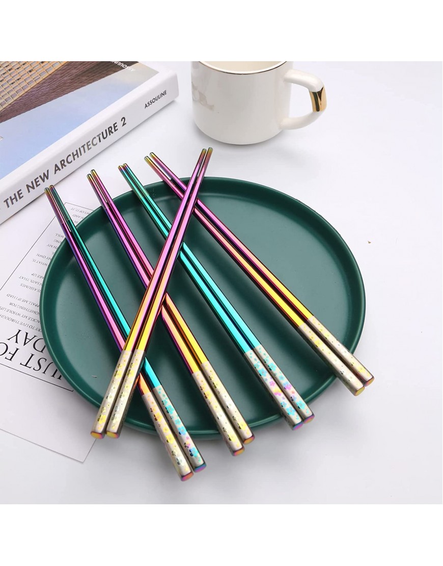 YOZOTI Stainless Steel Rainbow Color Chopsticks Reusable Chopsticks 5 Pairs Dishwasher Safe Metal Chopsticks Easy to Use Square Lightweight Chop Sticks Gift Set
