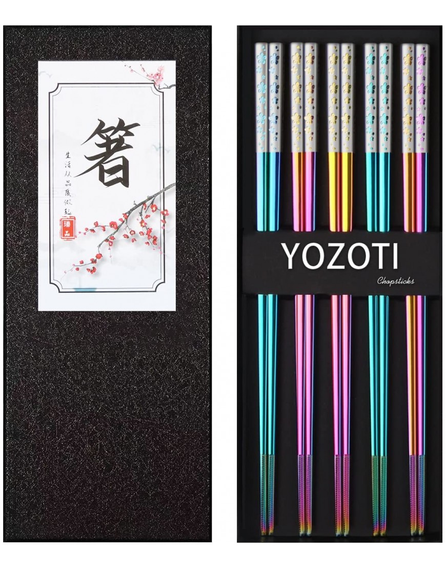 YOZOTI Stainless Steel Rainbow Color Chopsticks Reusable Chopsticks 5 Pairs Dishwasher Safe Metal Chopsticks Easy to Use Square Lightweight Chop Sticks Gift Set