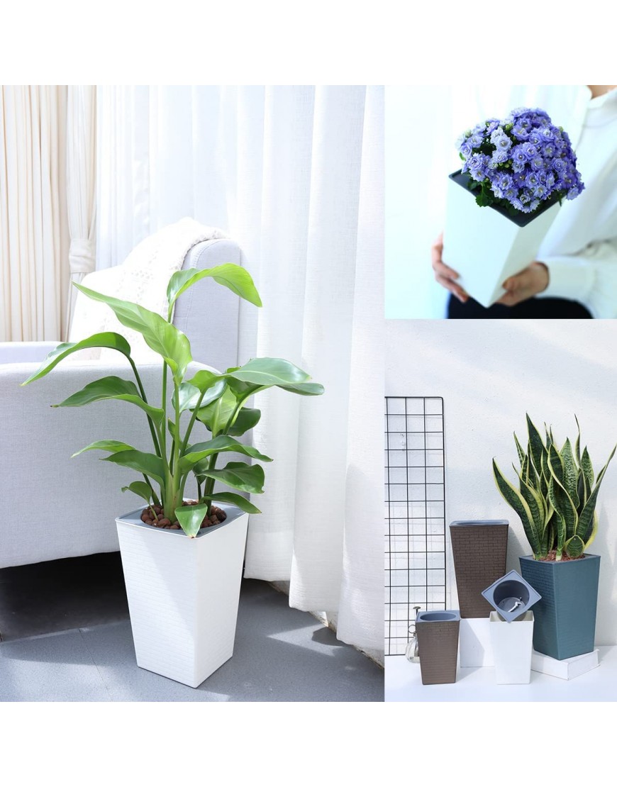 2 Pack Self Watering Planters 10.7 x 6.9 Tall Planter for Indoor Plants White Self Watering Violet Pots Plastic Flower Pots Tall Square Planter with 3D Wallpaper Pattern