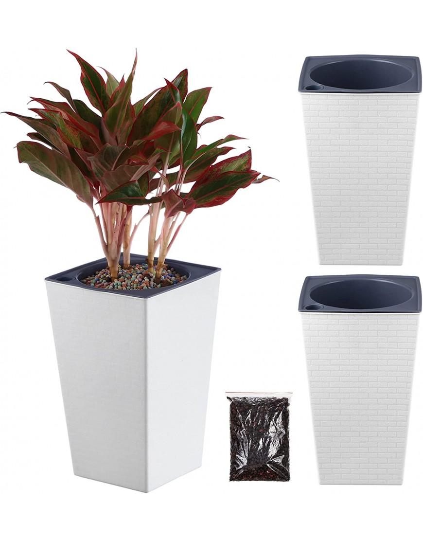 2 Pack Self Watering Planters 10.7" x 6.9" Tall Planter for Indoor Plants White Self Watering Violet Pots Plastic Flower Pots Tall Square Planter with 3D Wallpaper Pattern