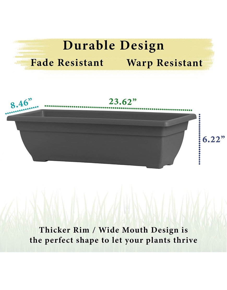 BackyardBounty Rectangle Planter Box 24 Inch Indoor Outdoor Rectangular Planter Durable UV Resistant 4 Gallon Plastic Window Box Trough Use for Herbs Succulents Vegetables Grey | 4 Pack