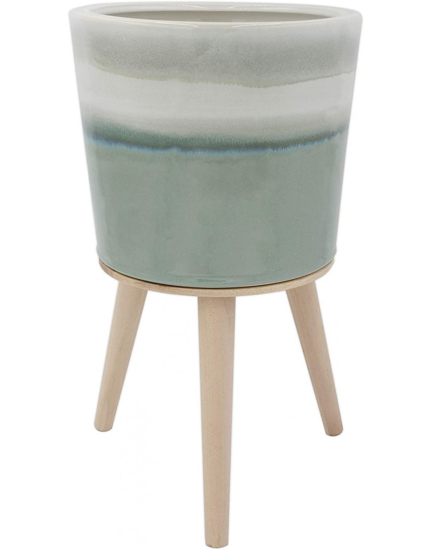 Brand – Rivet Mid-Century Stoneware Planter with Wood Stand 15.94"H Light Green Ombre