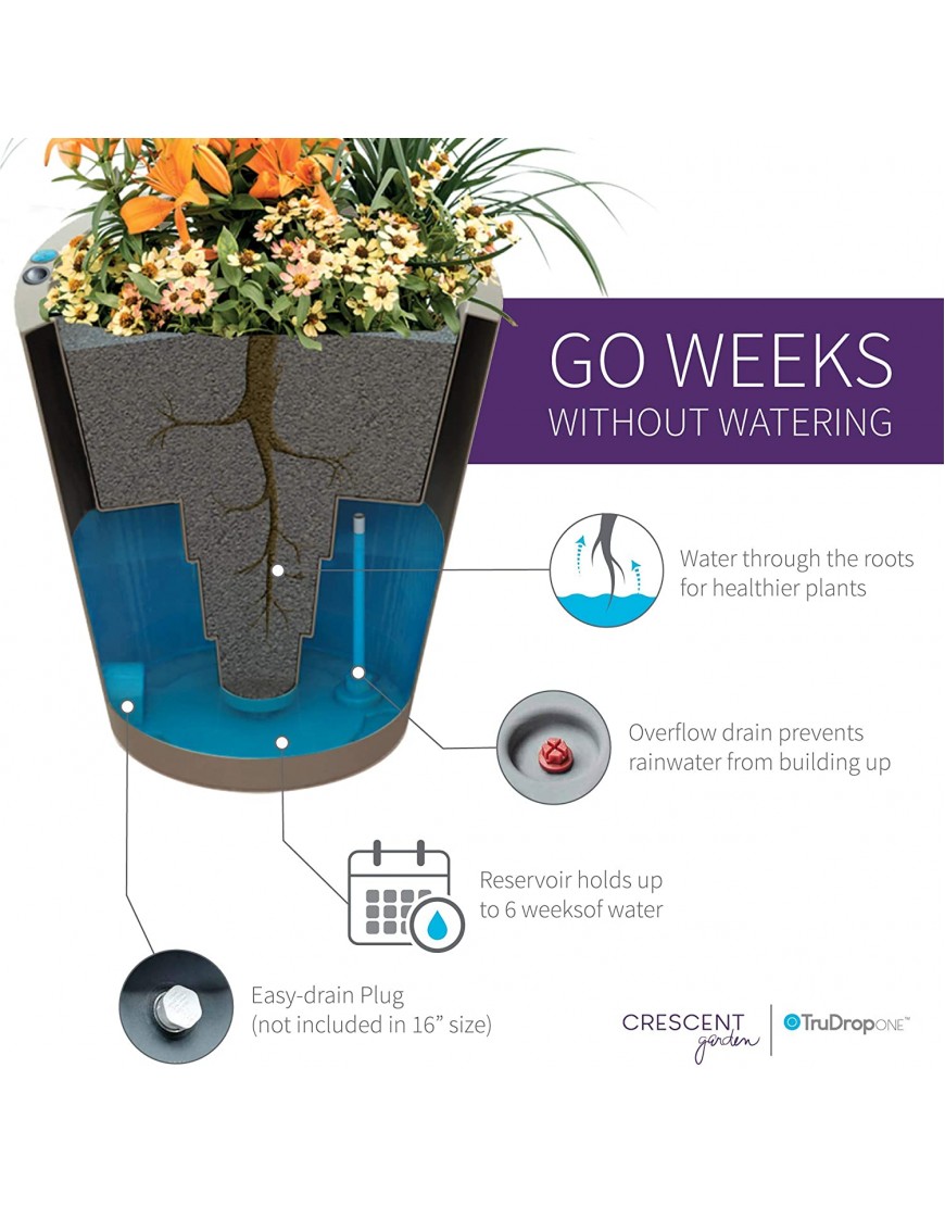 Crescent Garden Dot TruDrop Planter Self-Watering Plant Pot 16-Inch Slate