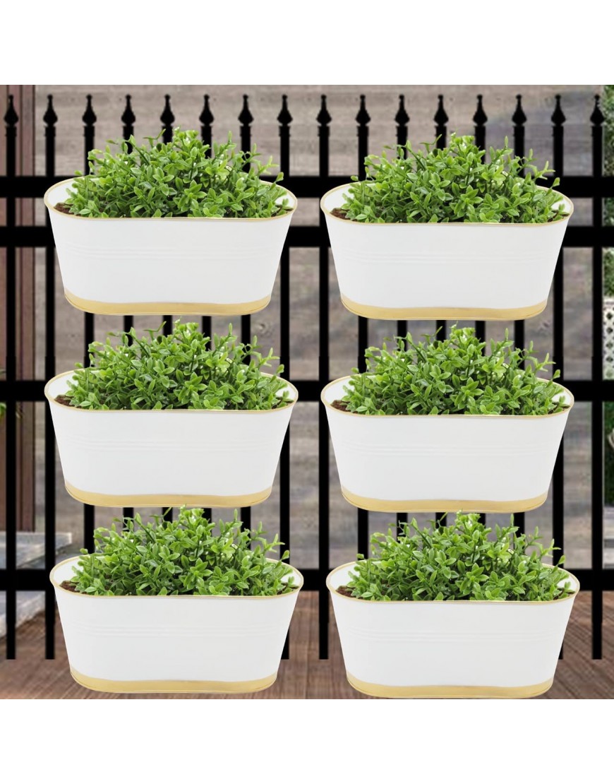 ecofynd 12 inches Metal Deck Rail Planter | Balcony Railing Hanging Oval Plant Pot Box | Indoor Outdoor Home Decor Deck Flower Box Color White Set of 6