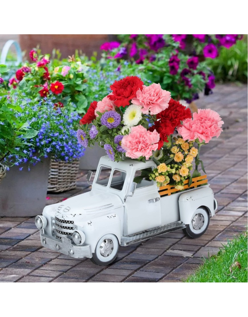 Farmhouse White Truck Metal Decor Vintage Outdoor Iron and Indoor Trucks Decor Retro Tabletop Storage & Pickup Truck Planter Table Centerpieces Collectible Vehicle