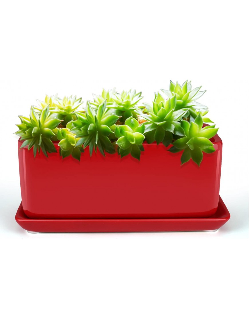 Flexzion 10 Inch Rectangular Ceramic Succulent Planter Pot Cactus Herb Flower Container Window Box Holder with Removable Drip Tray Base for Tabletop Desktop Indoor Outdoor Home Office Garden Red