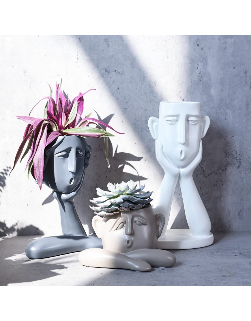 FROZZUR 3PCS Human Face Shaped Flower Pots Irregular Modern Head Busts Indoor and Outdoor Decorative Garden Figurines Boy Planters with Drainage Holes for Succulent Plants White & Khaki & Grey