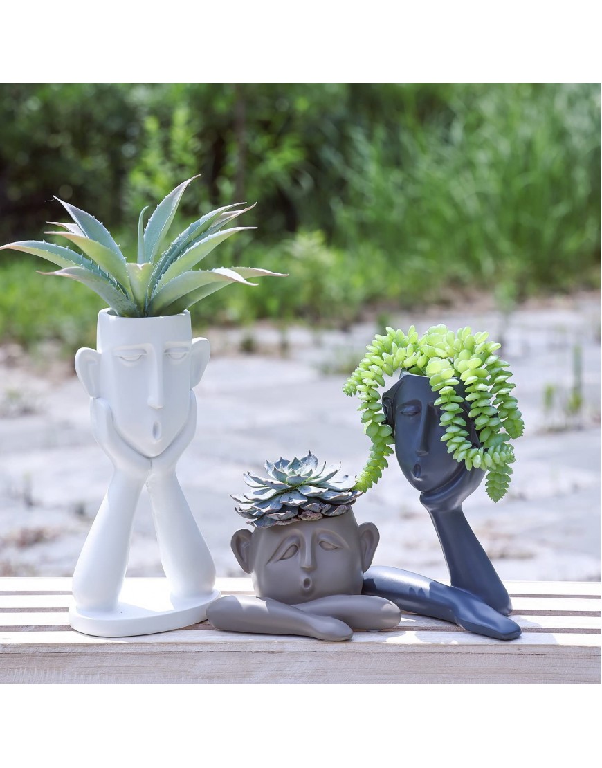 FROZZUR 3PCS Human Face Shaped Flower Pots Irregular Modern Head Busts Indoor and Outdoor Decorative Garden Figurines Boy Planters with Drainage Holes for Succulent Plants White & Khaki & Grey