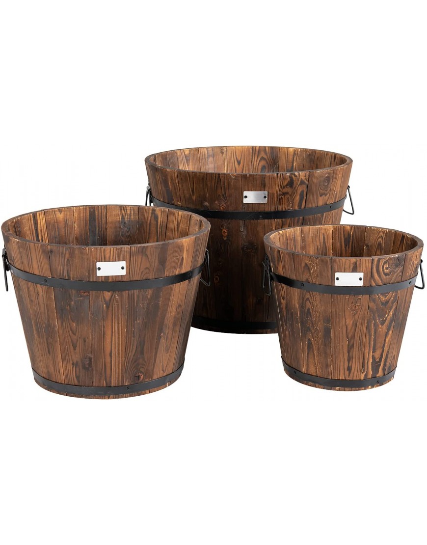 Giantex 3 Pieces Barrel Planter Wood Bucket Raised Beds for Plants Herbs Veggies Indoor Outdoor Decorative Planter Box with Drainage Holes 3 Sizes