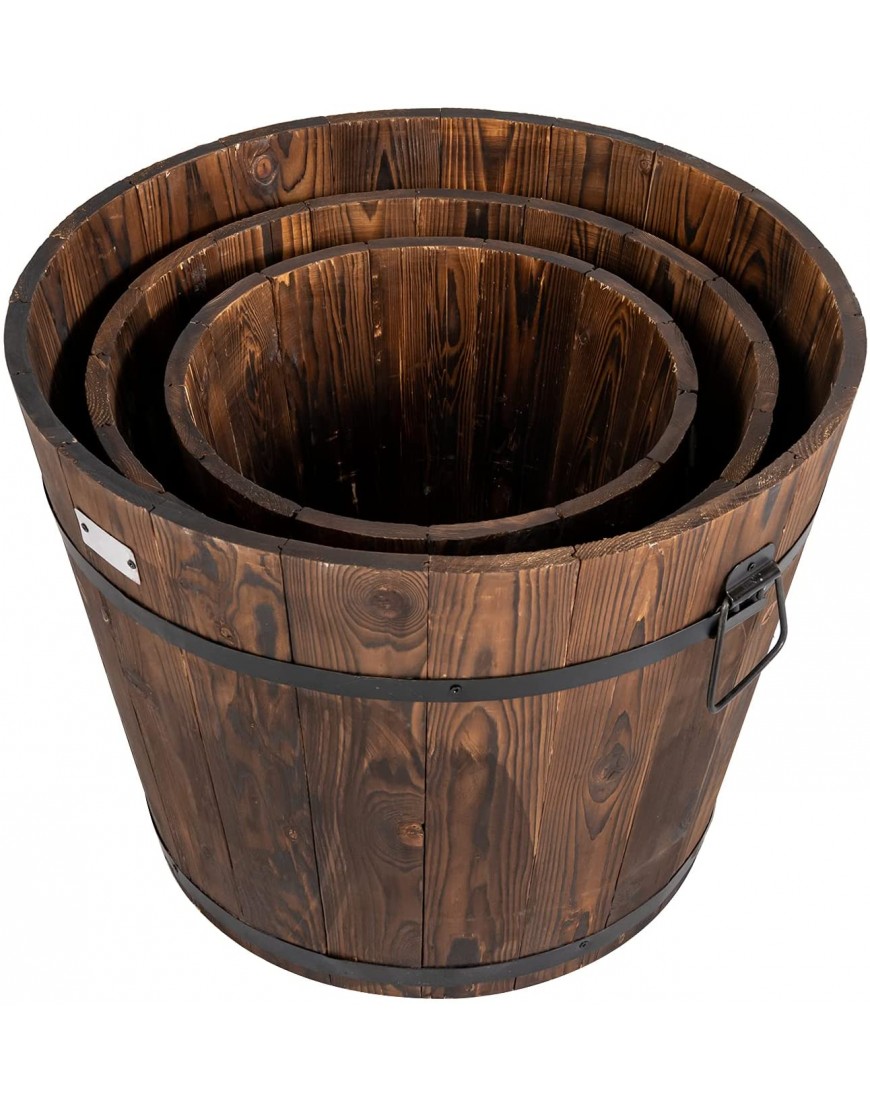 Giantex 3 Pieces Barrel Planter Wood Bucket Raised Beds for Plants Herbs Veggies Indoor Outdoor Decorative Planter Box with Drainage Holes 3 Sizes