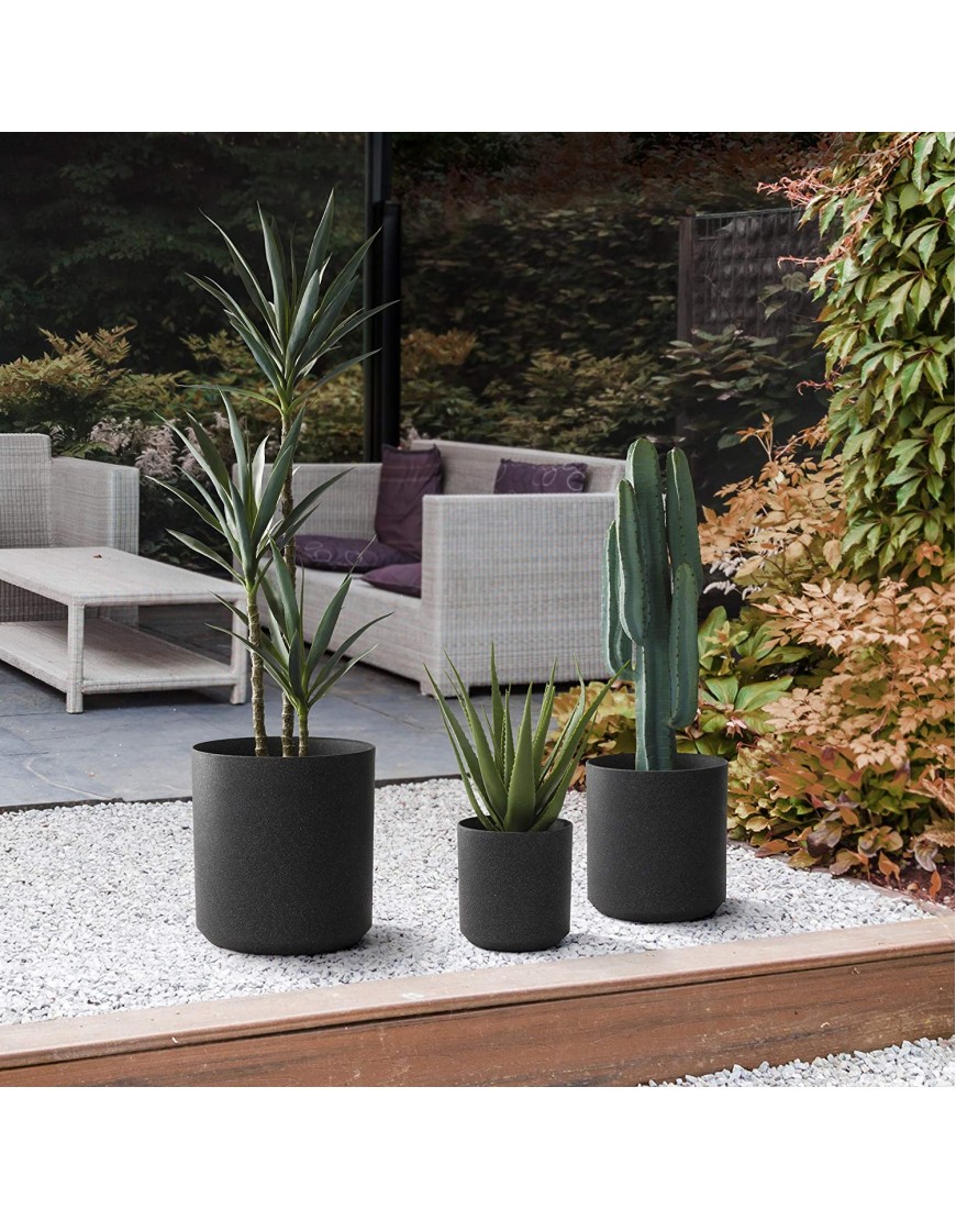 Glitzhome 3 Pack Garden Round Planters Evironmental PE Stone Aged Lite Flower Planter Pots Midnight Black Planter for Indoor Outdoor