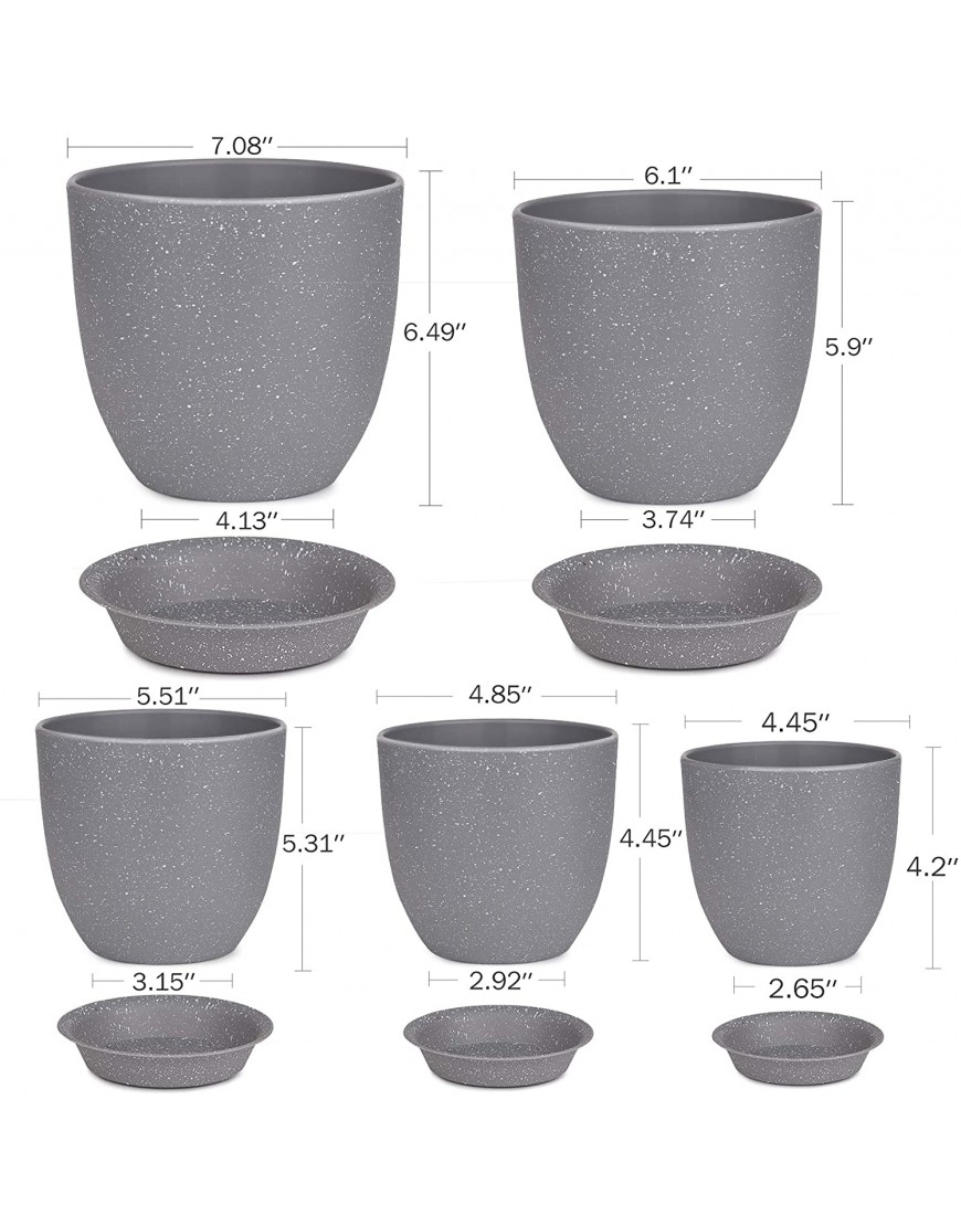 HOMENOTE Plastic Planter 7 6 5.5 4.8 4.5 Inch Flower Pot Indoor Modern Decorative Plant Pots with Drain Hole and Saucer for All House Plants Succulents Flowers Speckled Gray