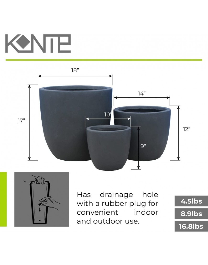 Kante RC0050ABC-C60121 Lightweight Concrete Modern Seamless Outdoor Round Planter Granite