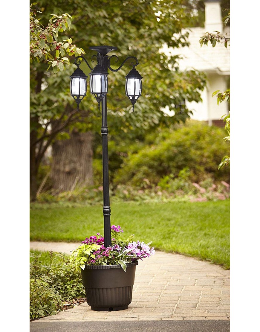 Large 18 Outdoor Round Planter with 3-Head LED Solar Lamp Post Lights Black
