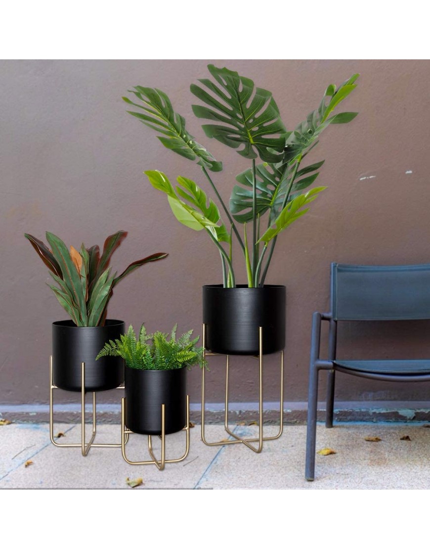 Large Floor Standing Planters with Metal Stand Pack of 3 Extra Large Plant Pot Container Black and Gold Tree Planter Flower Pots and StandsBlack