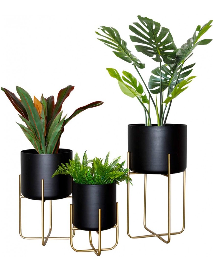 Large Floor Standing Planters with Metal Stand Pack of 3 Extra Large Plant Pot Container Black and Gold Tree Planter Flower Pots and StandsBlack