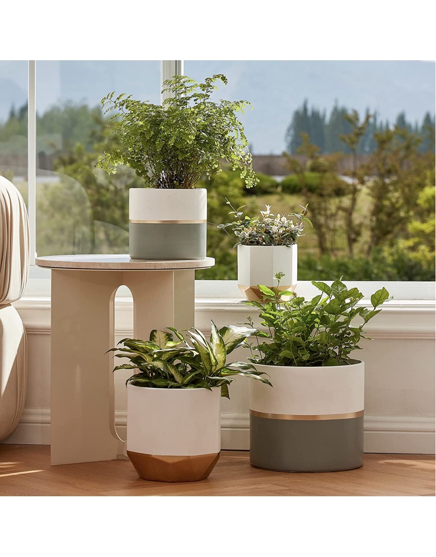 Large White Ceramic Plant Pots Garden Planters 10 + 8.1 Inch Indoor Flower Pots Plant Containers with Gold and Grey Detailing