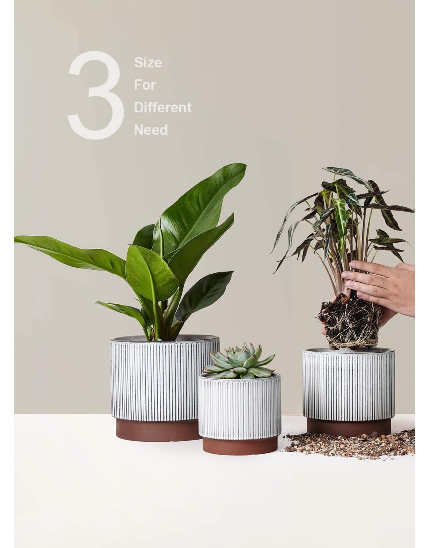 LE TAUCI 5.5+6.5+8 Inch Planter Pots with Drainage Hole Ceramic Stripe Planters Outdoor Bonsai Container for Plants Flower Set of 3 Reactive Glaze White