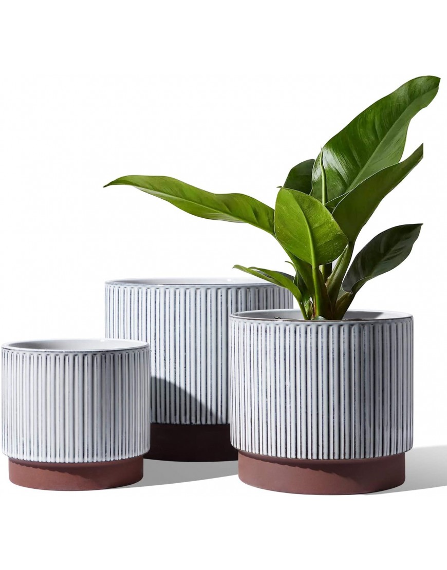 LE TAUCI 5.5+6.5+8 Inch Planter Pots with Drainage Hole Ceramic Stripe Planters Outdoor Bonsai Container for Plants Flower Set of 3 Reactive Glaze White