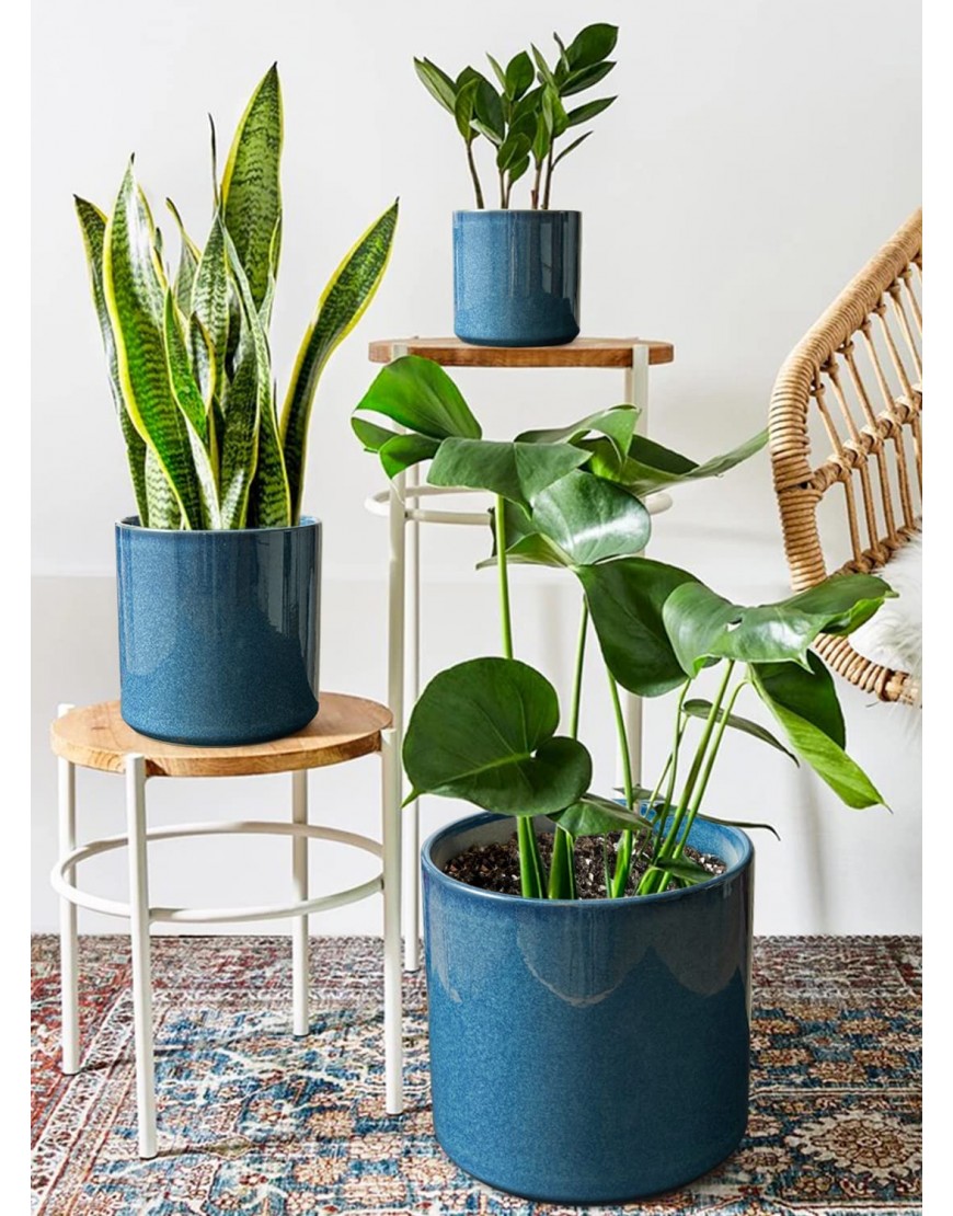 LE TAUCI Ceramic Plant Pots 10+8+6 inch Large Planters for Indoor Plants Mid Century Modern Indoor Planter Pots with Drainage Holes and Plug Set of 3 Reactive Glaze Blue