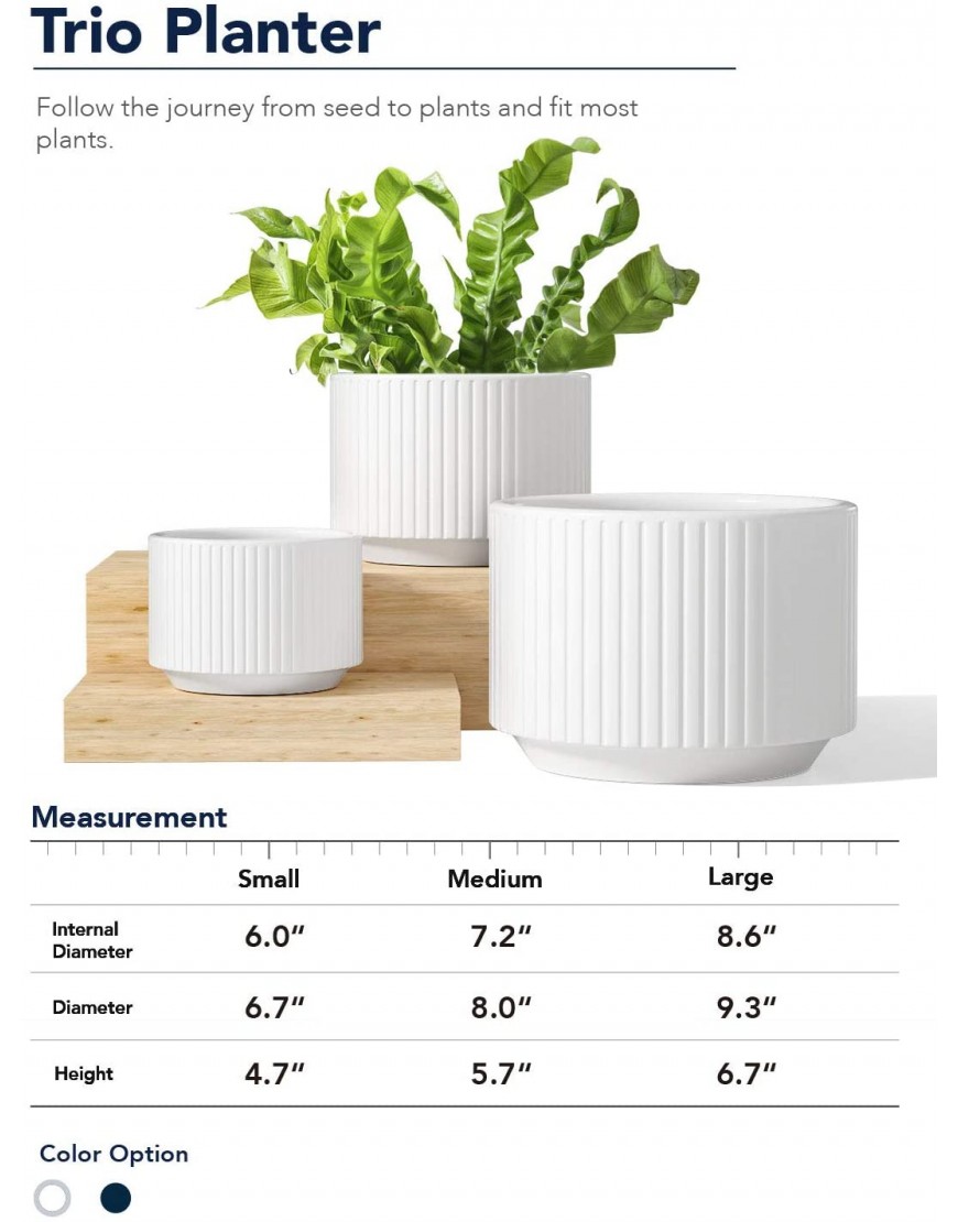 LE TAUCI Plant Pots Large Planter Ceramic 9.3+8+6.7 inch Pots for Plants with Drainage Holes Garden Planters Outdoor Indoor House Plants Cylinder Modern Planter for Home Set of 3 White