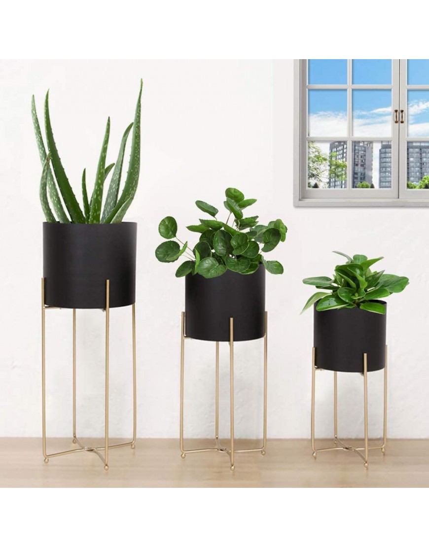 Mid Century Planter with Gold Plant Stand 3 pcs Modern Planters for Indoor Plants Metal Floor Planter Set with Foldable StandPack of 3